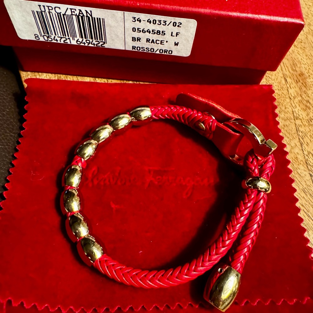 Salvatore Ferragamo Red & Gold bracelet with pouch and box